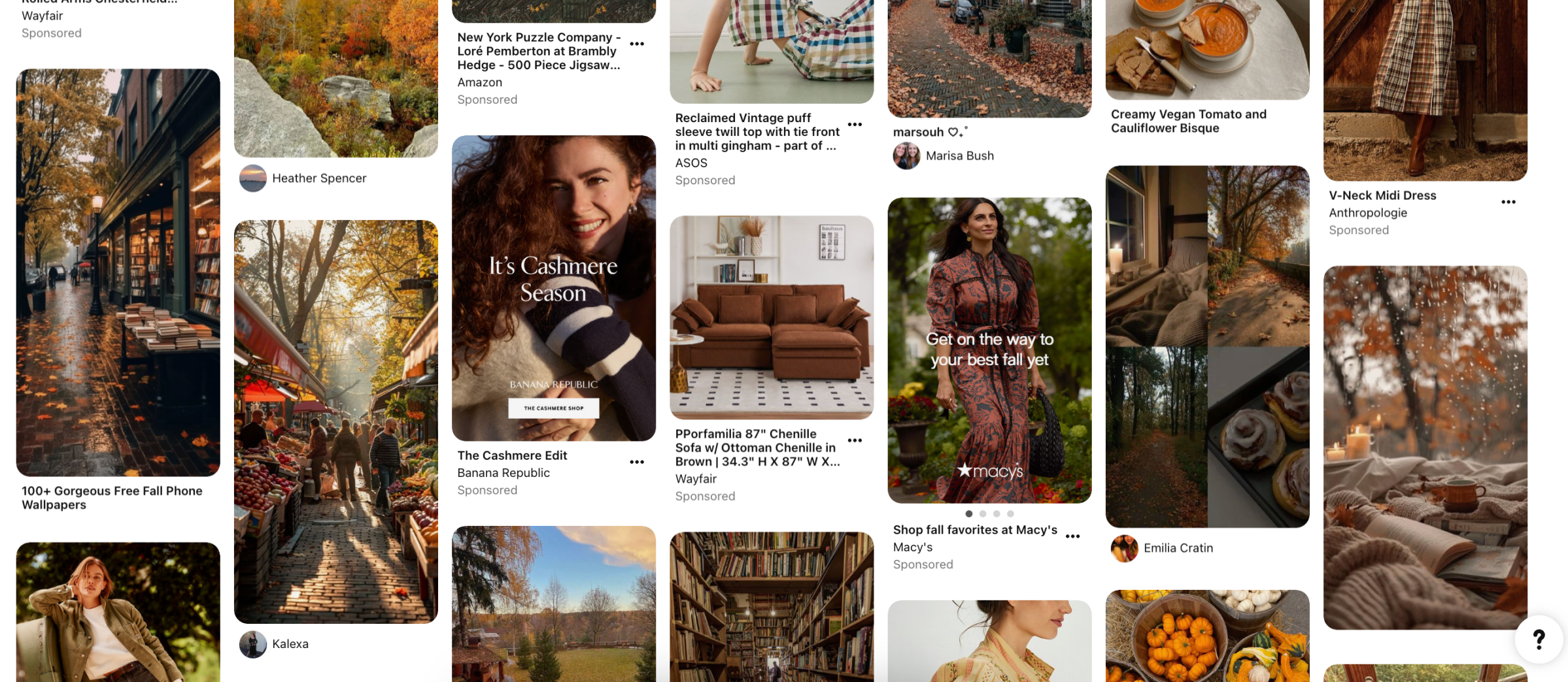 Pinterest screenshot showing various autumnal scenes including fall foliage, coffee shops, farmers markets, and bookstores.